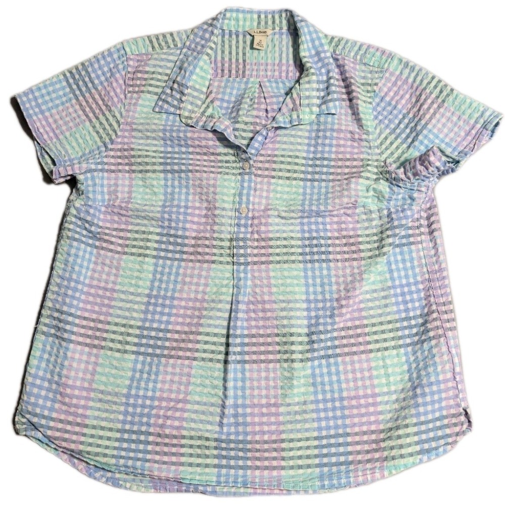 LL Bean Vacationland Womens Medium Seersucker Plaid Popover Shirt Pastel Coastal